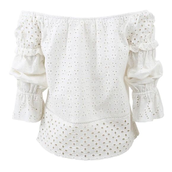 EUC Nicole Miller Atelier Off the Shoulder Eyelet Peasant Top White Sz. S - Picture 2 of 7